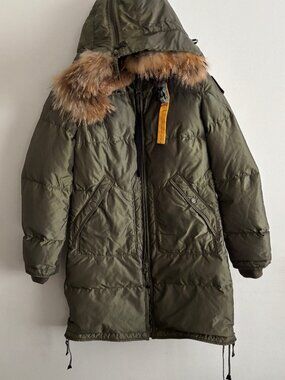 $2000 Parajumpers Long Bear Green Down Puffer Hooded Parka Coat Fur Hood -Medium